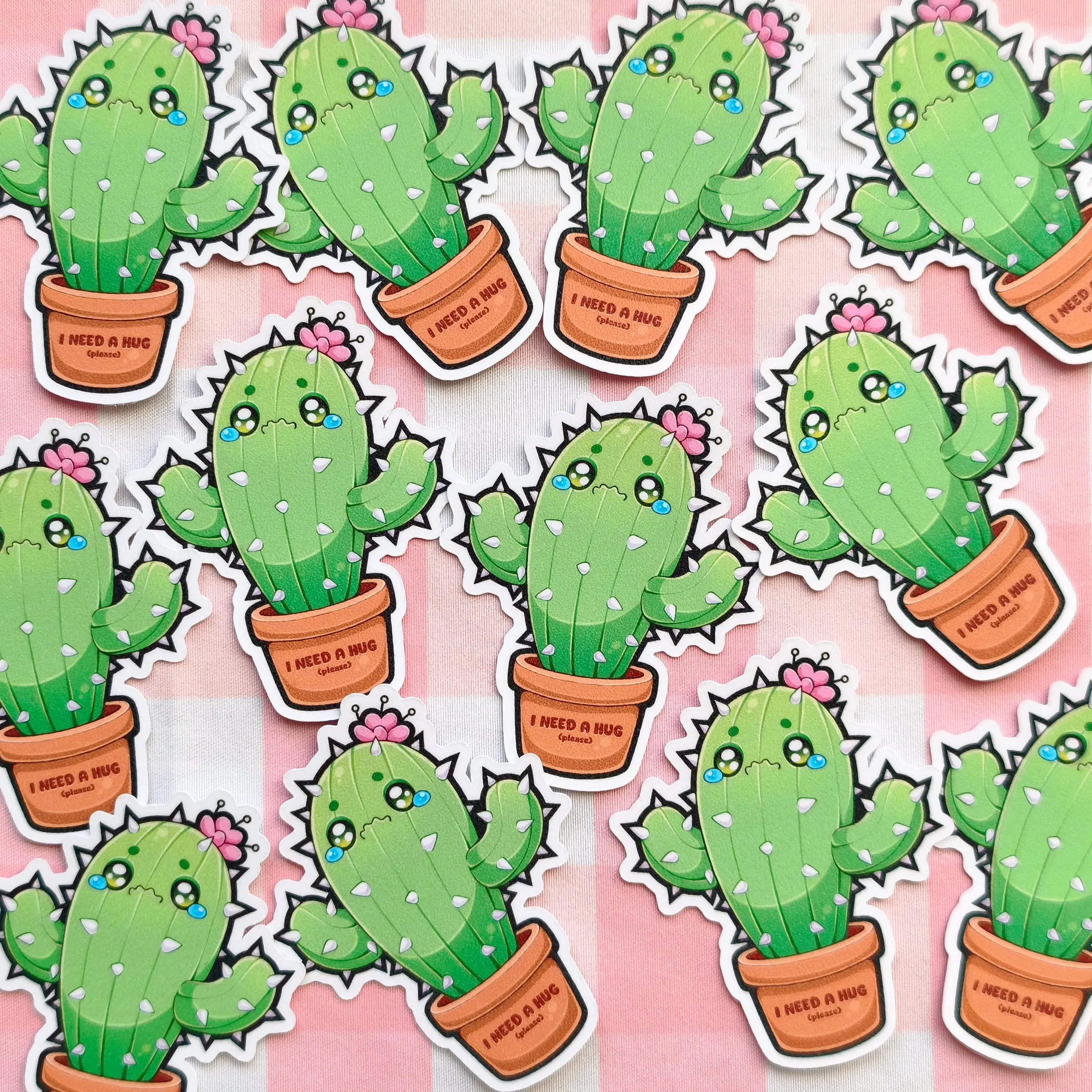 Pegatinas de un cactus ilustrado en su maceta, troqueladas siguiendo la forma del dibujo